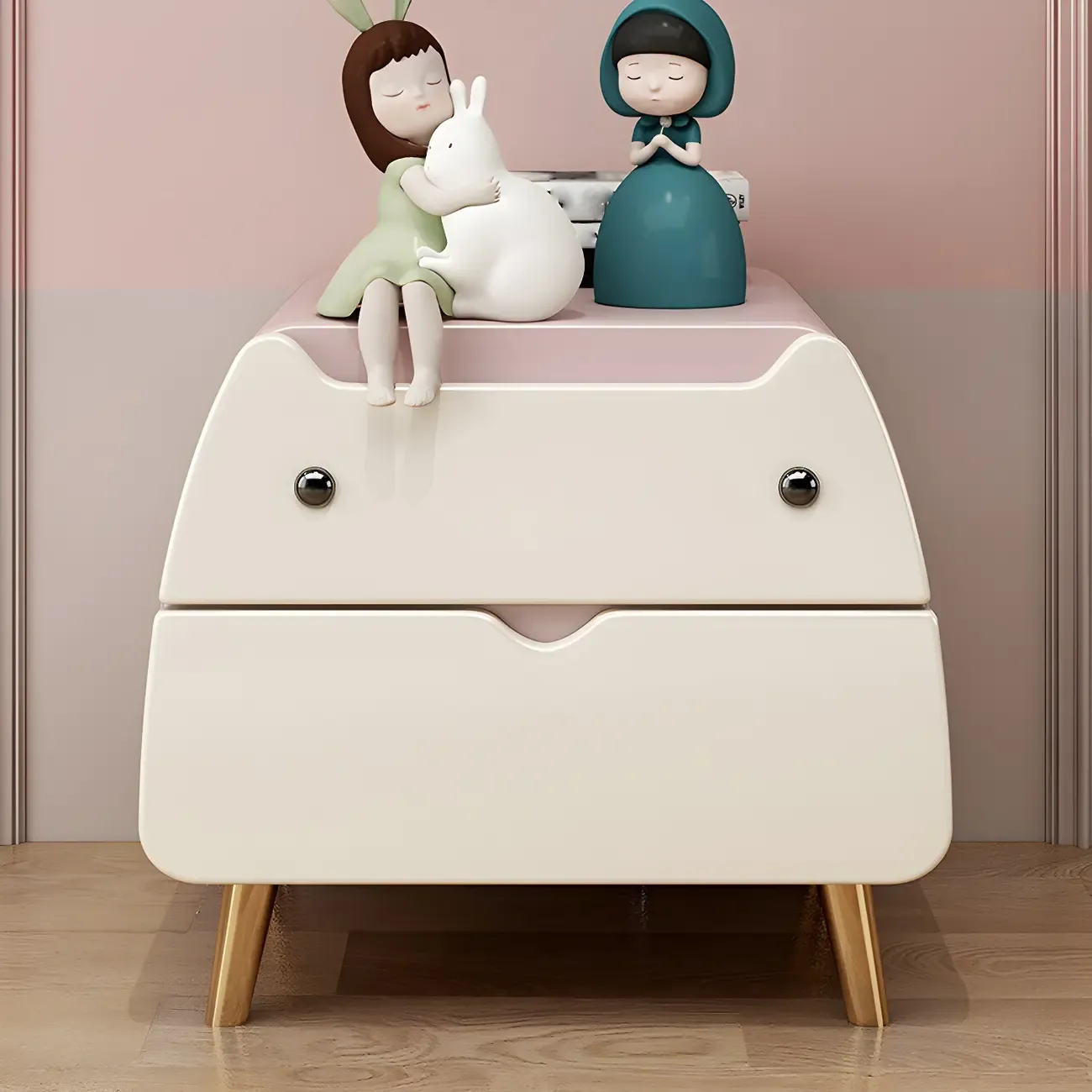 Cute Cat Shape Scandinavian Nightstand in Pink with 2 Drawers Image - 5