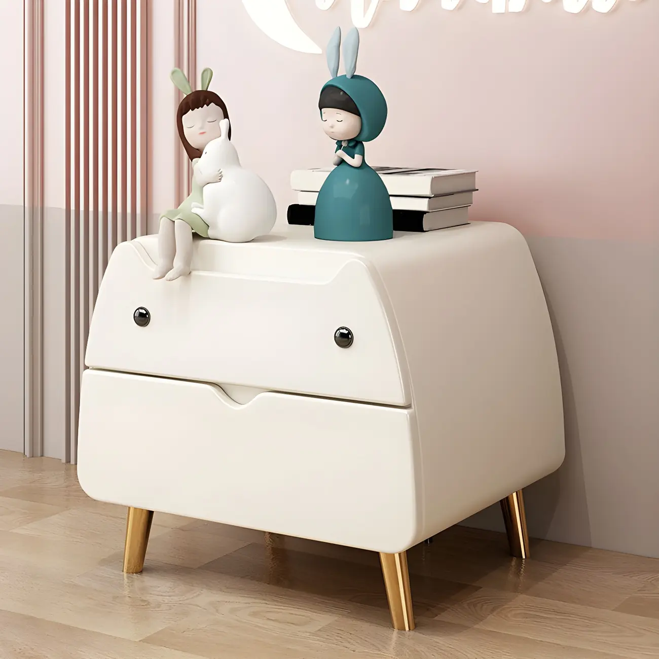 Cute Cat Shape Scandinavian Nightstand in Pink with 2 Drawers Image - 13 | homeyfad