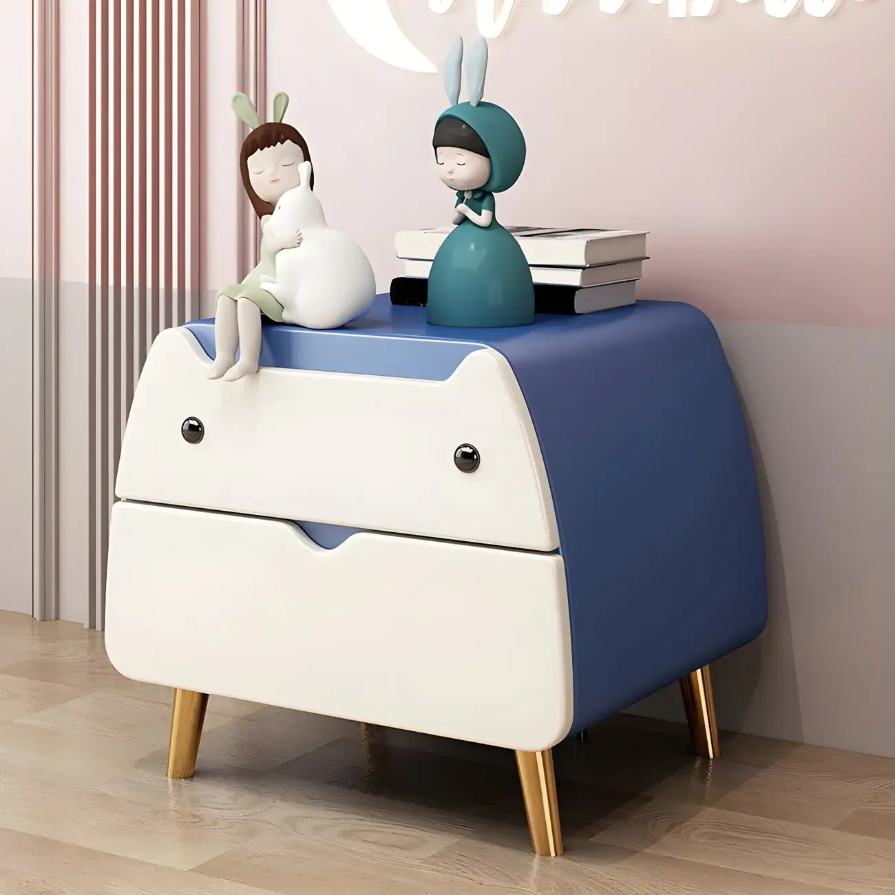Cute Cat Shape Scandinavian Nightstand in Pink with 2 Drawers Image - 16