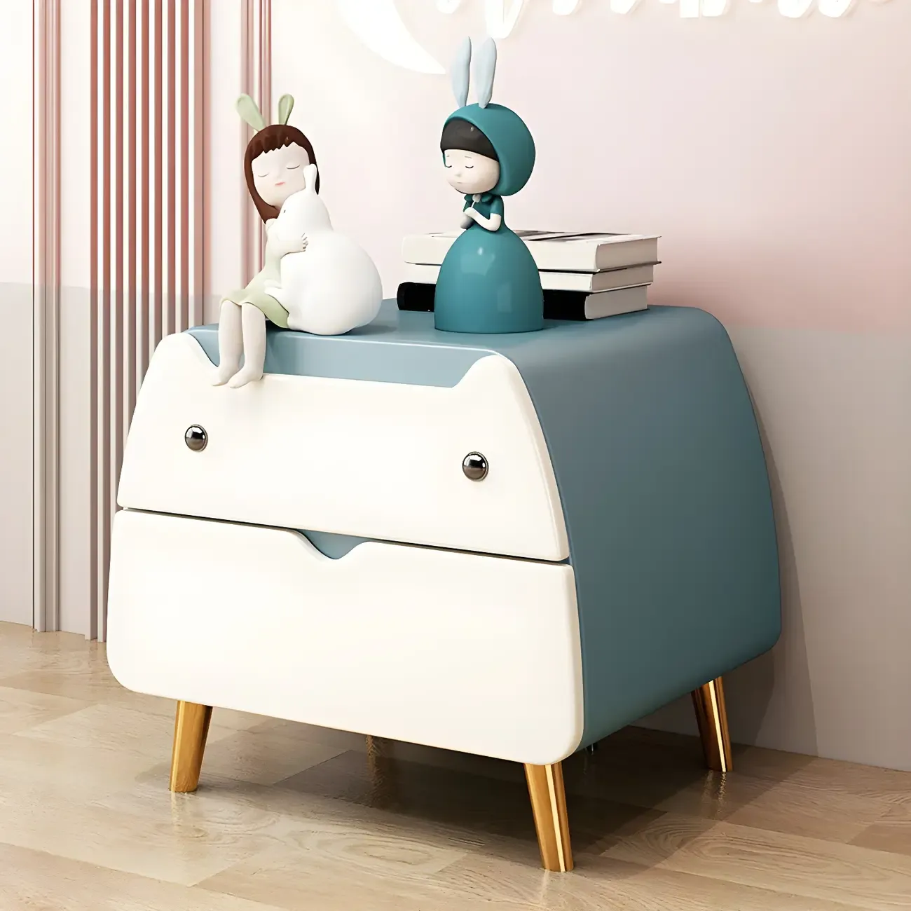 Cute Cat Shape Scandinavian Nightstand in Pink with 2 Drawers Image - 17