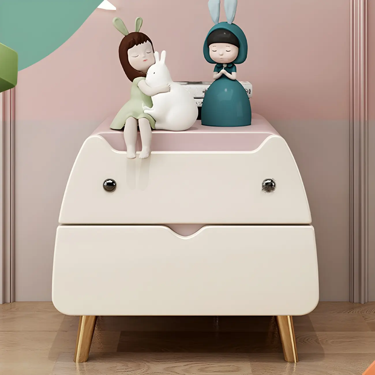 Cute Cat Shape Scandinavian Nightstand in Pink with 2 Drawers Image - 19 | homeyfad
