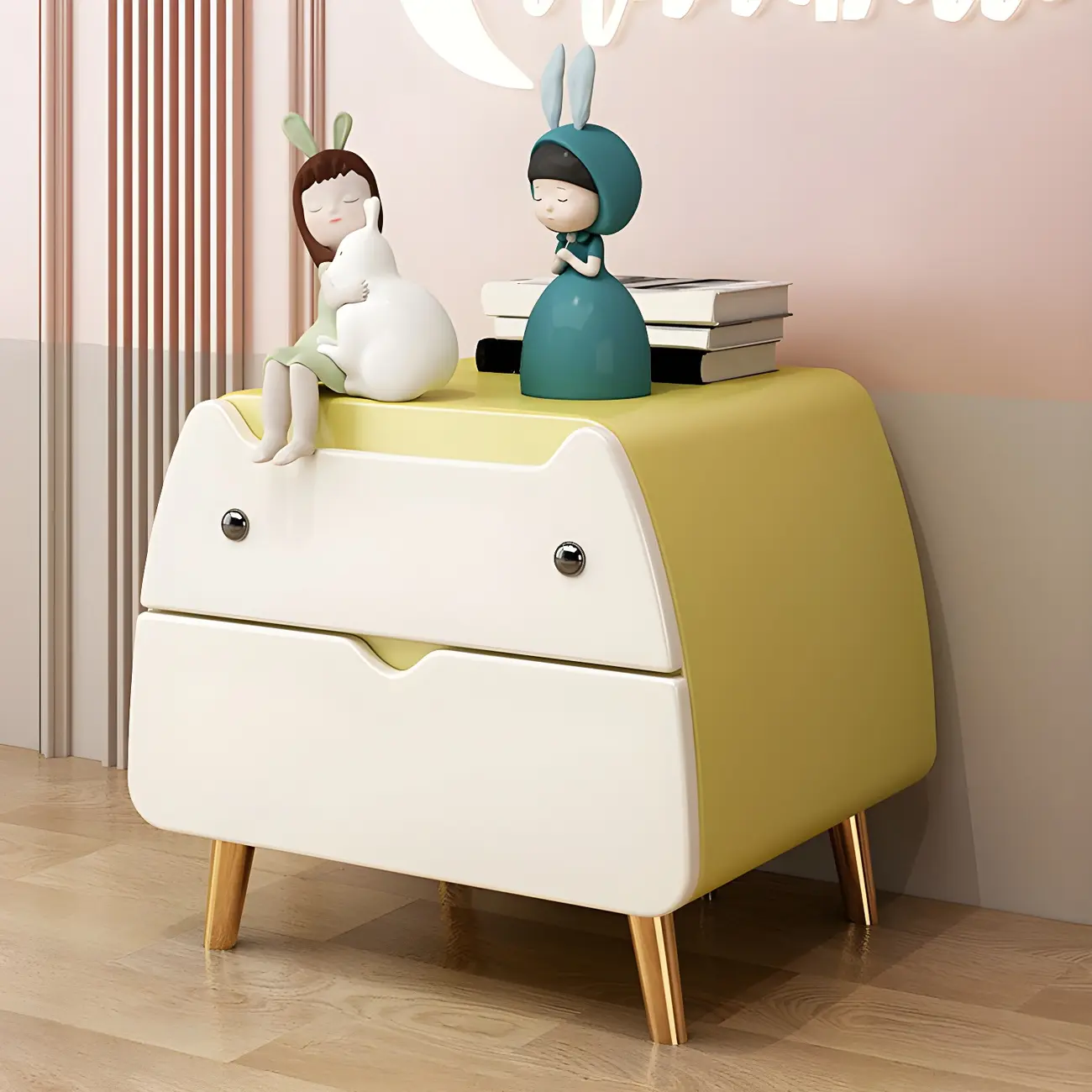 Cute Cat Shape Scandinavian Nightstand in Pink with 2 Drawers Image - 20 | homeyfad