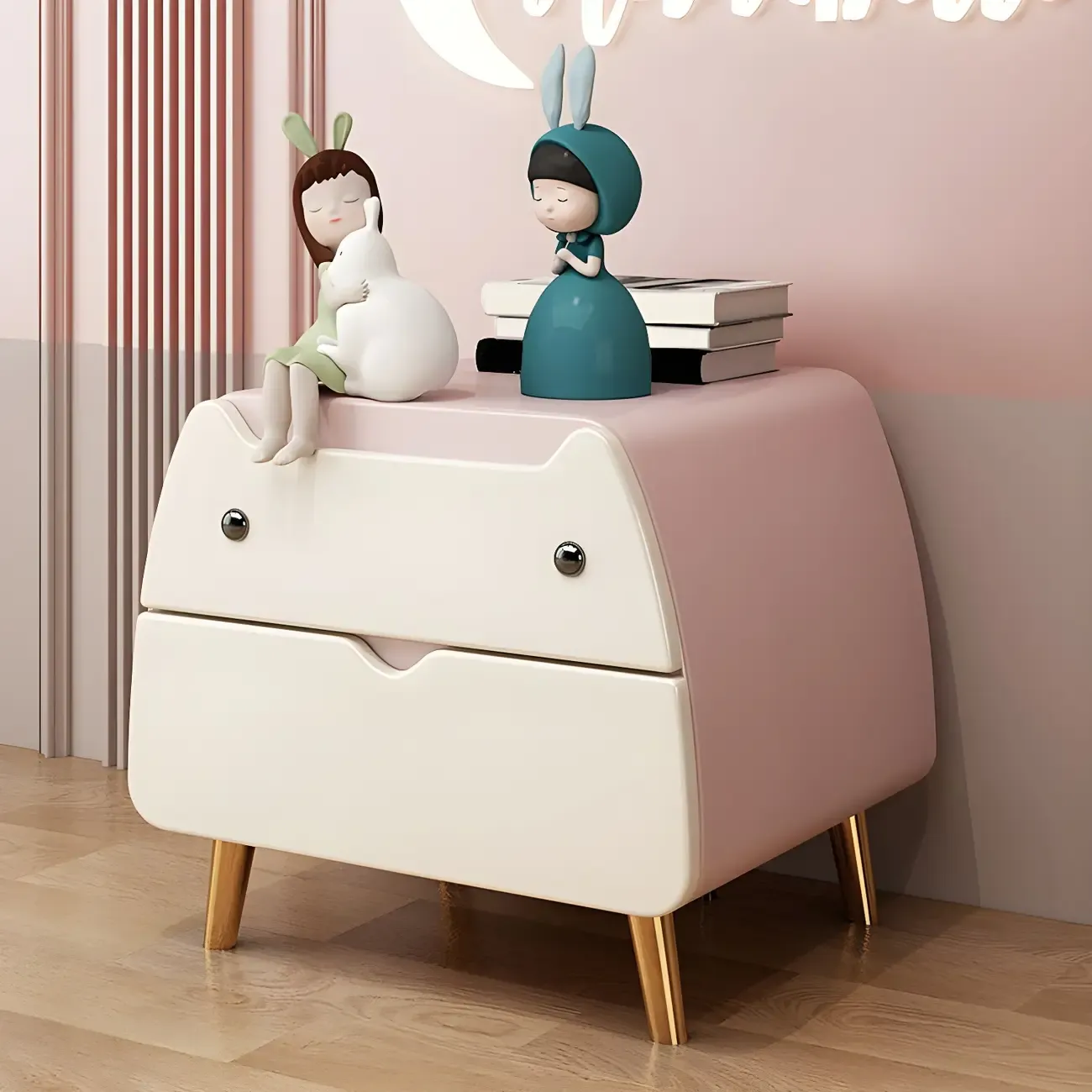 Cute Cat Shape Scandinavian Nightstand in Pink with 2 Drawers Image - 21