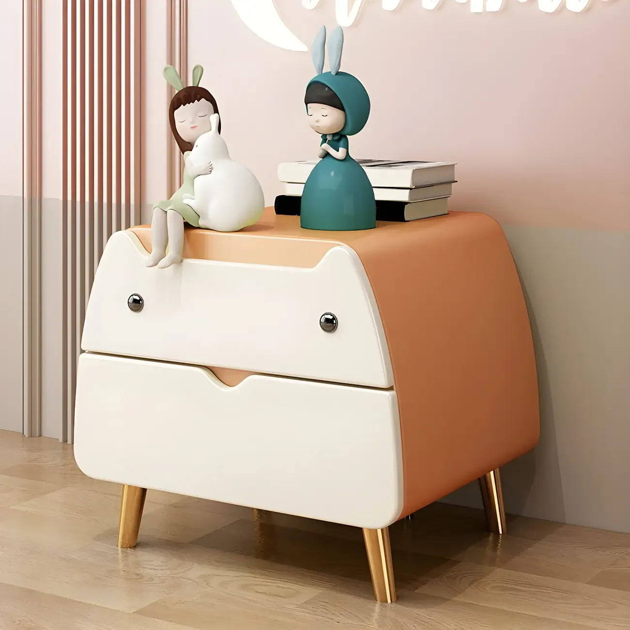 Cute Cat Shape Scandinavian Nightstand in Pink with 2 Drawers Image - 23