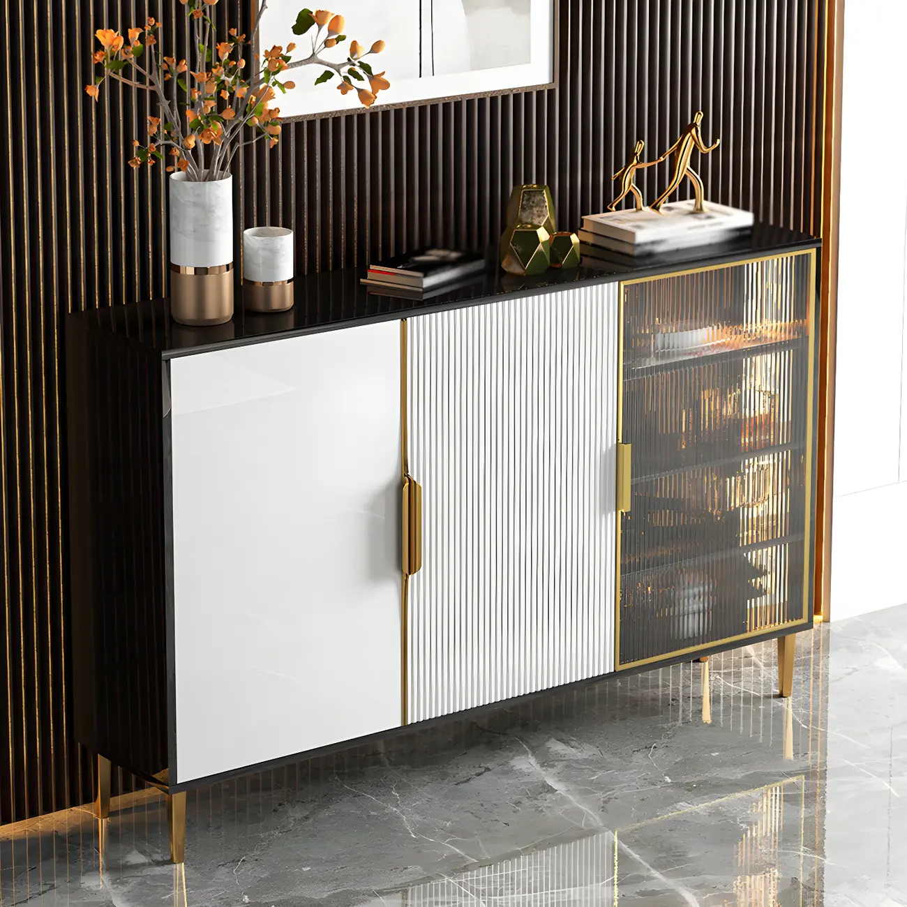 Glam High Gloss Wooden Buffet Sideboard with Cabinets Image - 4 | homeyfad