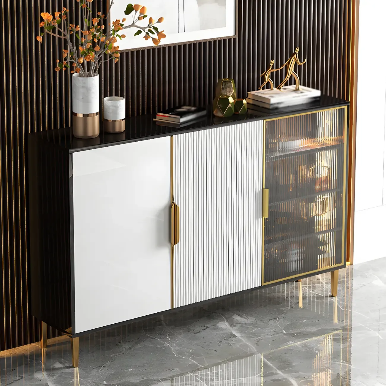 Glam High Gloss Wooden Buffet Sideboard with Cabinets Image - 4