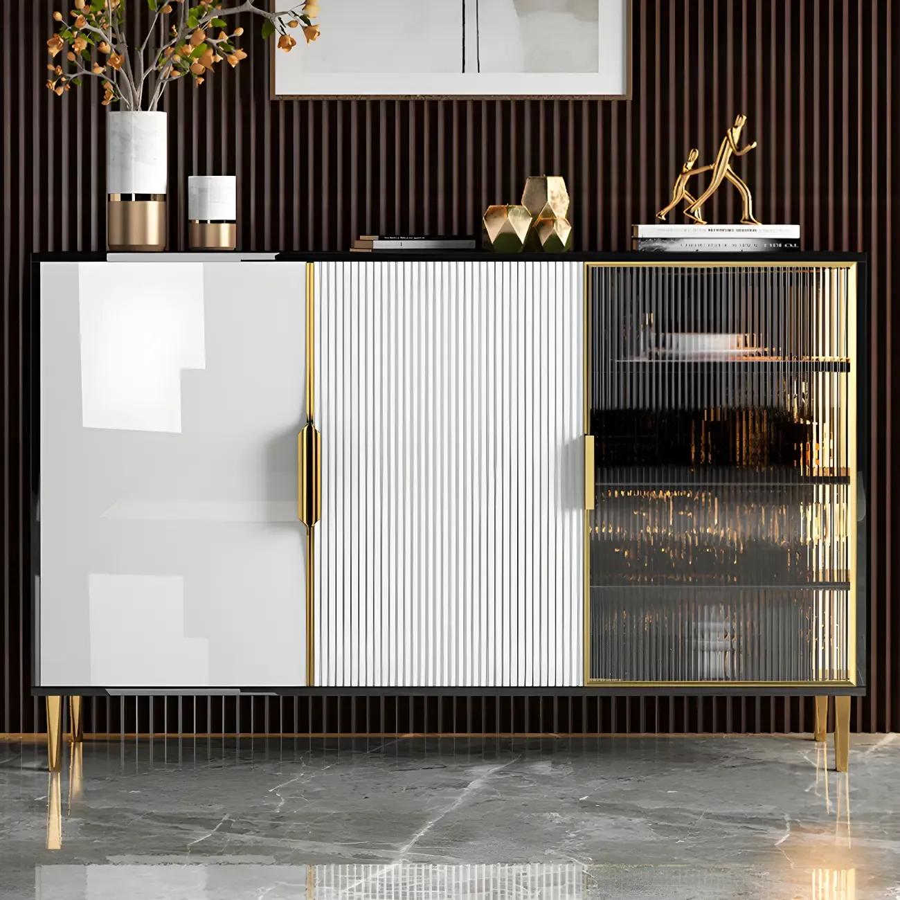 Glam High Gloss Wooden Buffet Sideboard with Cabinets Image - 10