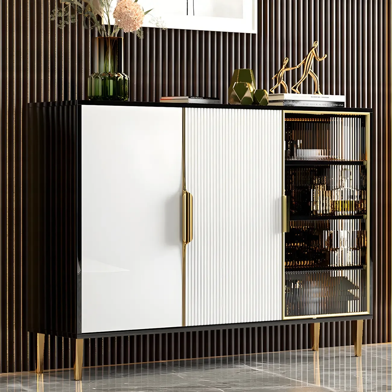 Glam High Gloss Wooden Buffet Sideboard with Cabinets Image - 11