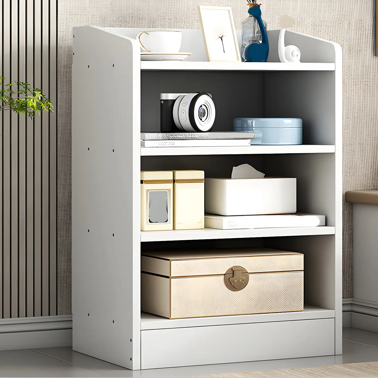 Simplistic White Wood Bedside Table with Open Storage Shelves Image - 1 | homeyfad