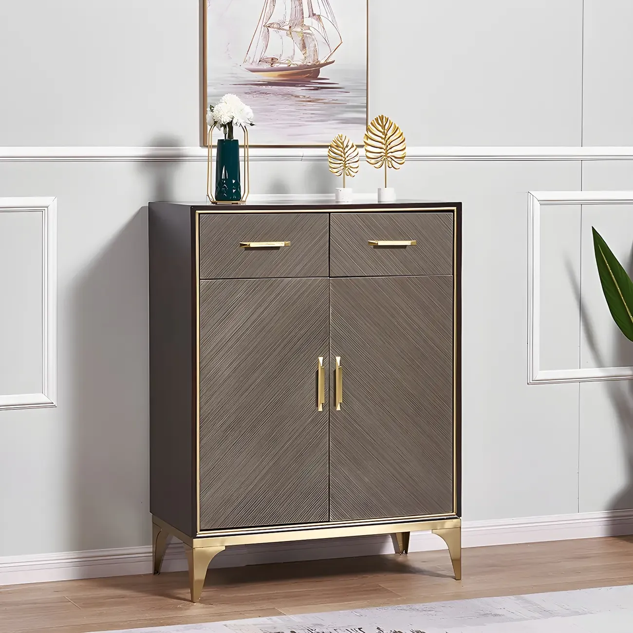 Glam Wooden Sideboard with Drawers & Adjustable Shelves Image - 4