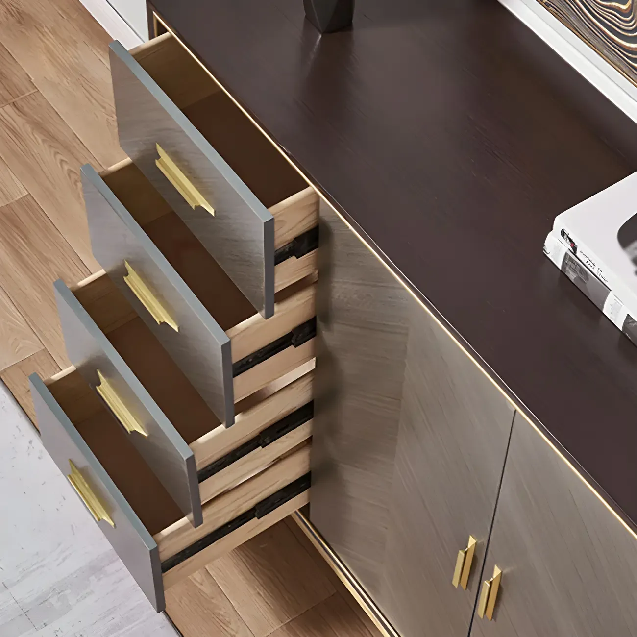 Glam Wooden Sideboard with Drawers & Adjustable Shelves Image - 7