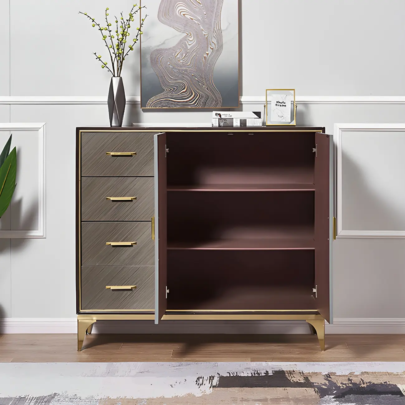 Glam Wooden Sideboard with Drawers & Adjustable Shelves Image - 11 | homeyfad