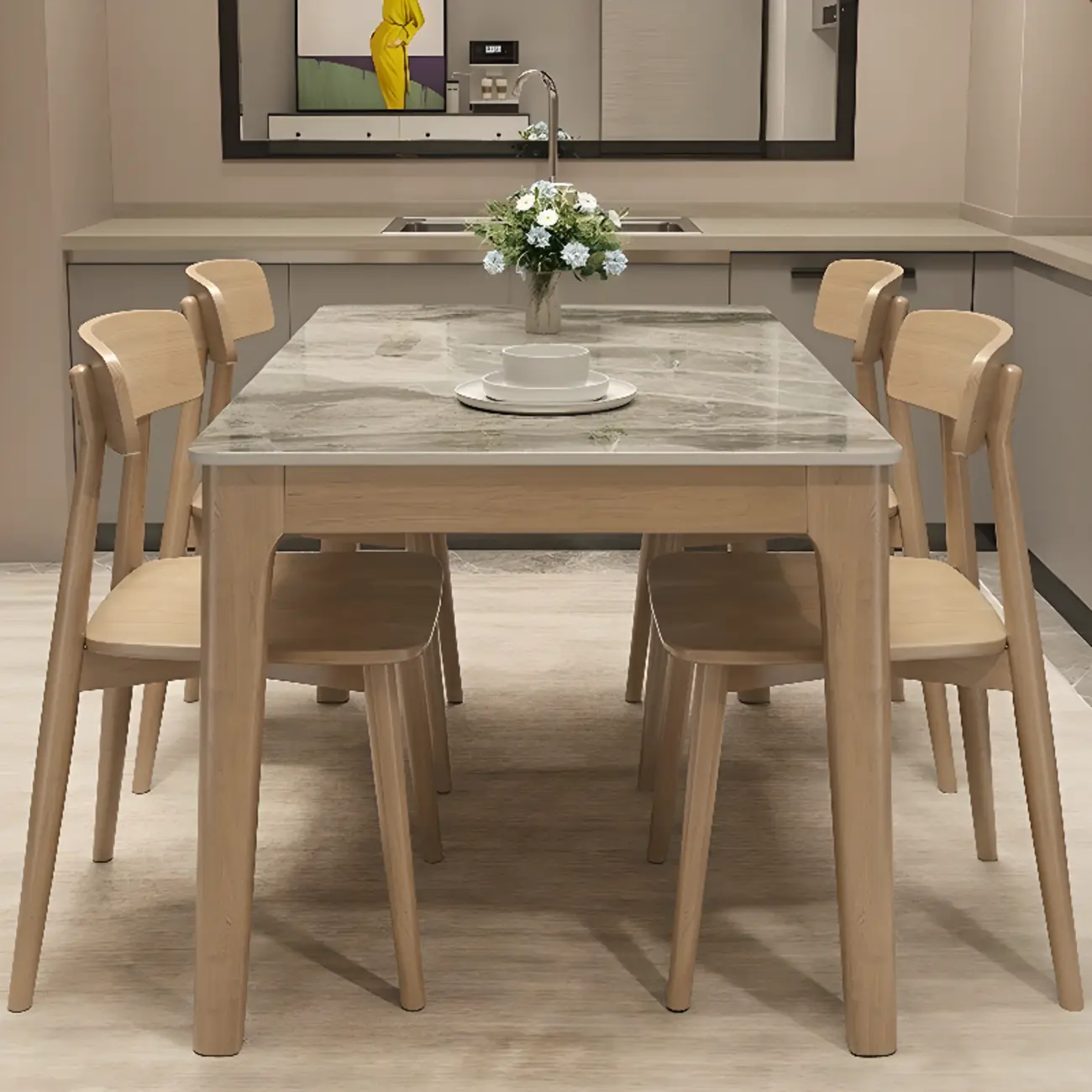 Modern Light Wood Dining Room Set with Slate Table Image - 1 | homeyfad