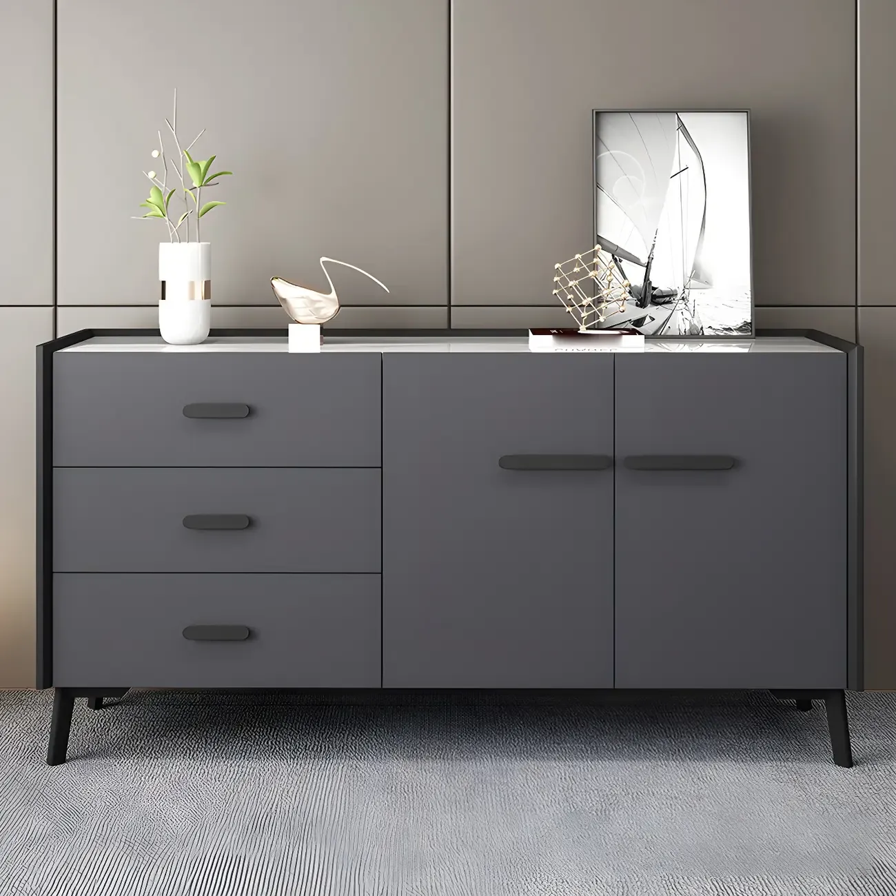 Modern Pine Sideboard with Drawers and Cabinets in Grey/Orange Image - 1
