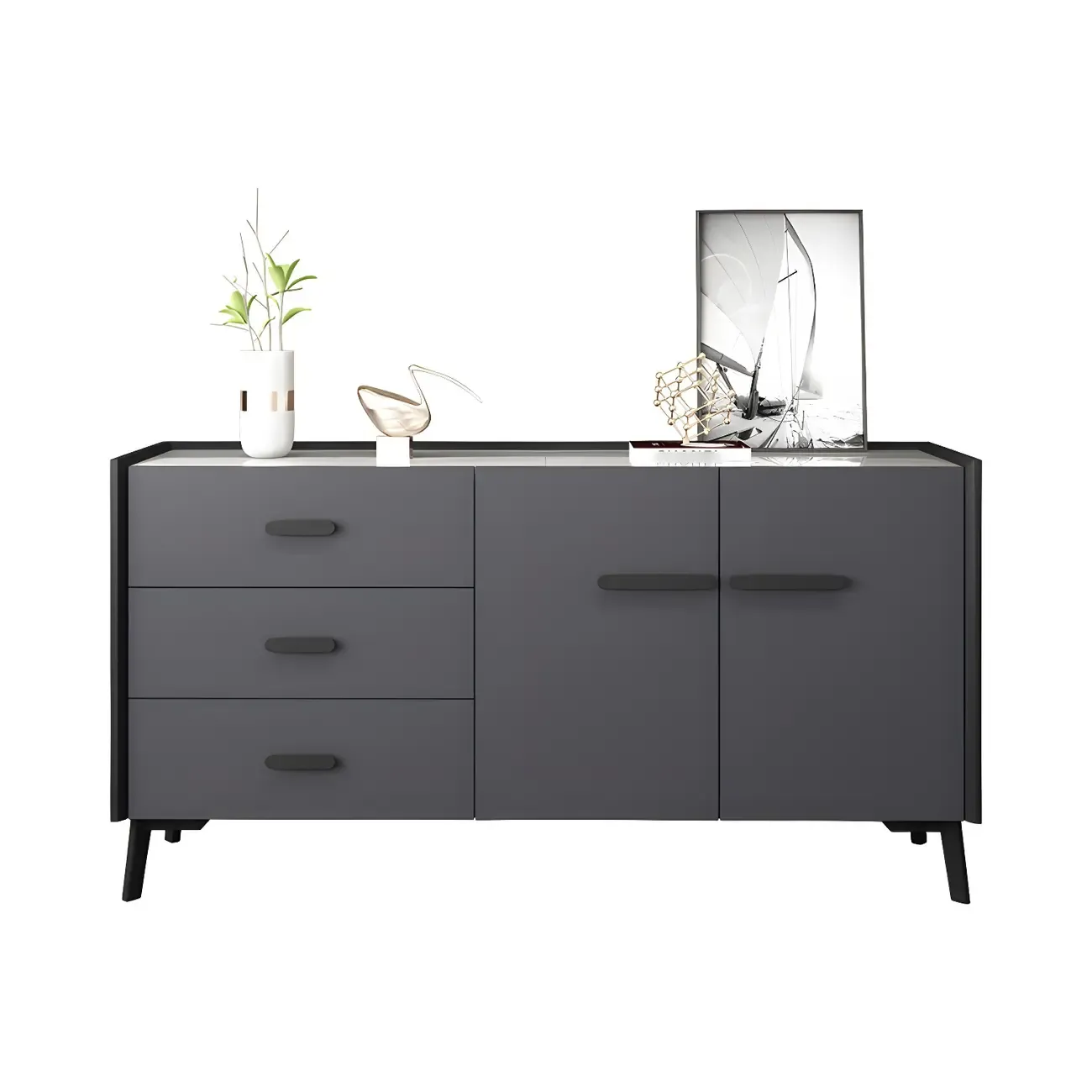 Modern Pine Sideboard with Drawers and Cabinets in Grey/Orange Image - 2