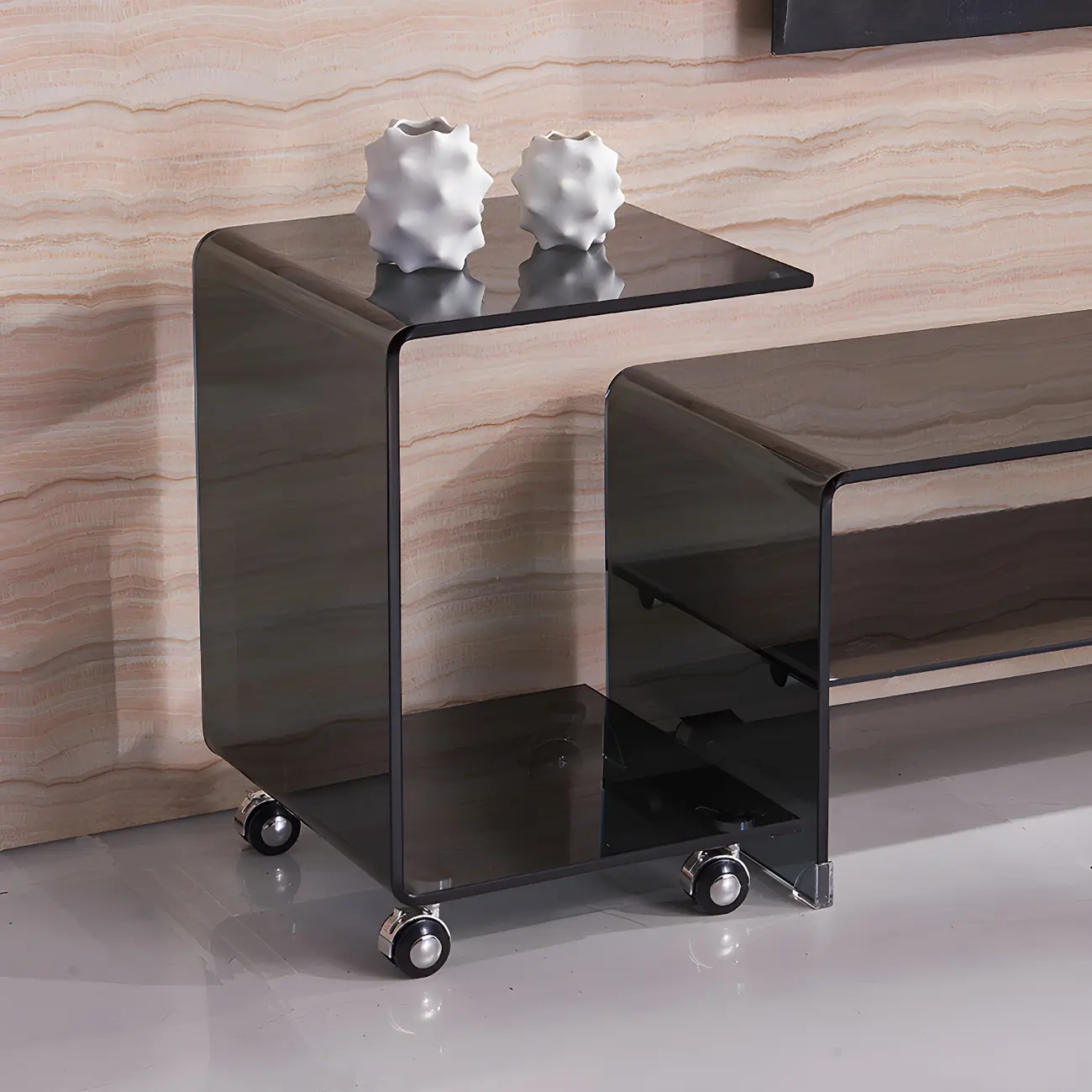 Simplistic Glass Bedside Table with Wheels and Shelf for Storage Image - 11 | homeyfad