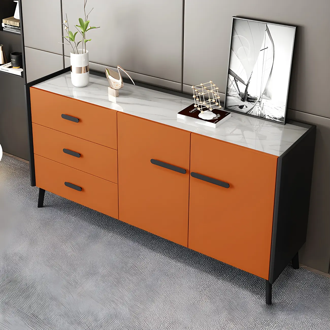 Modern Pine Sideboard with Drawers and Cabinets in Grey/Orange Image - 5 | homeyfad