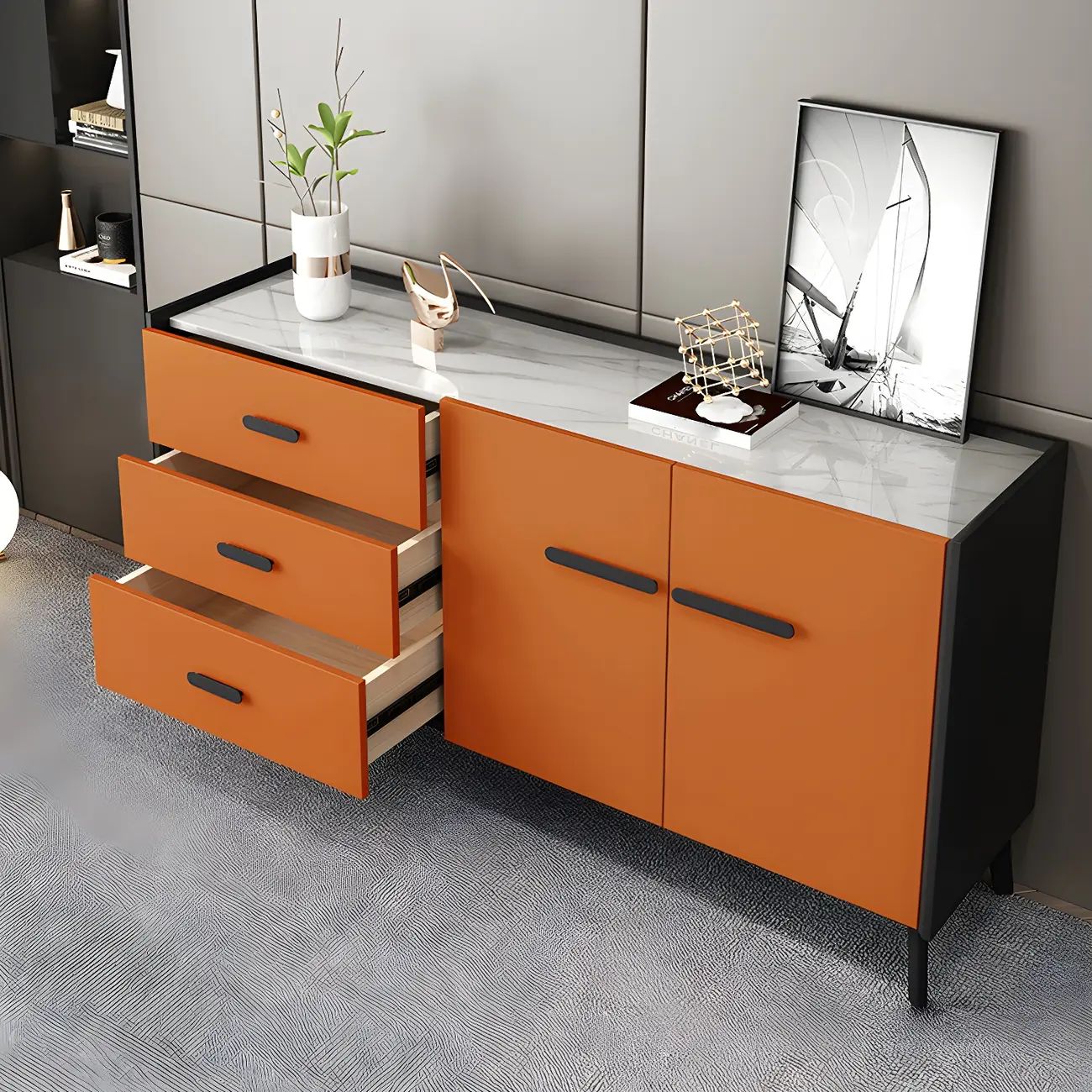 Modern Pine Sideboard with Drawers and Cabinets in Grey/Orange Image - 6 | homeyfad