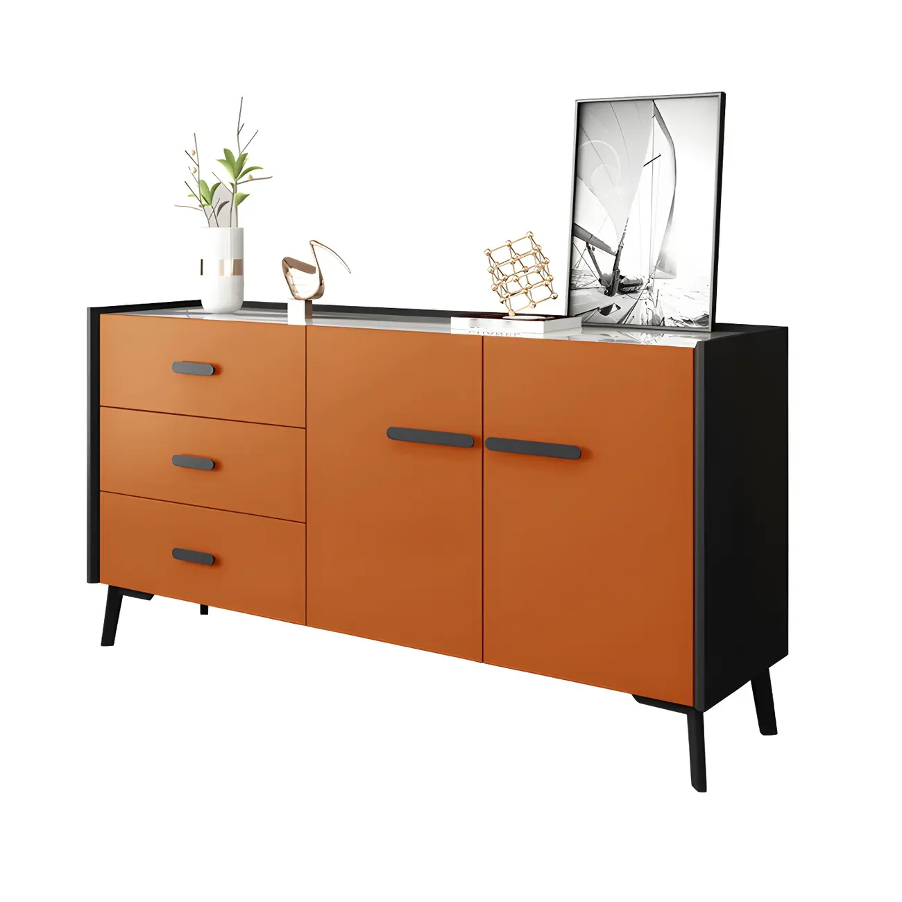 Modern Pine Sideboard with Drawers and Cabinets in Grey/Orange Image - 7 | homeyfad