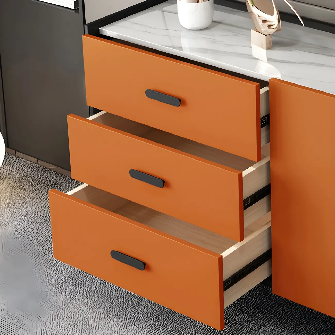Modern Pine Sideboard with Drawers and Cabinets in Grey/Orange Image - 8