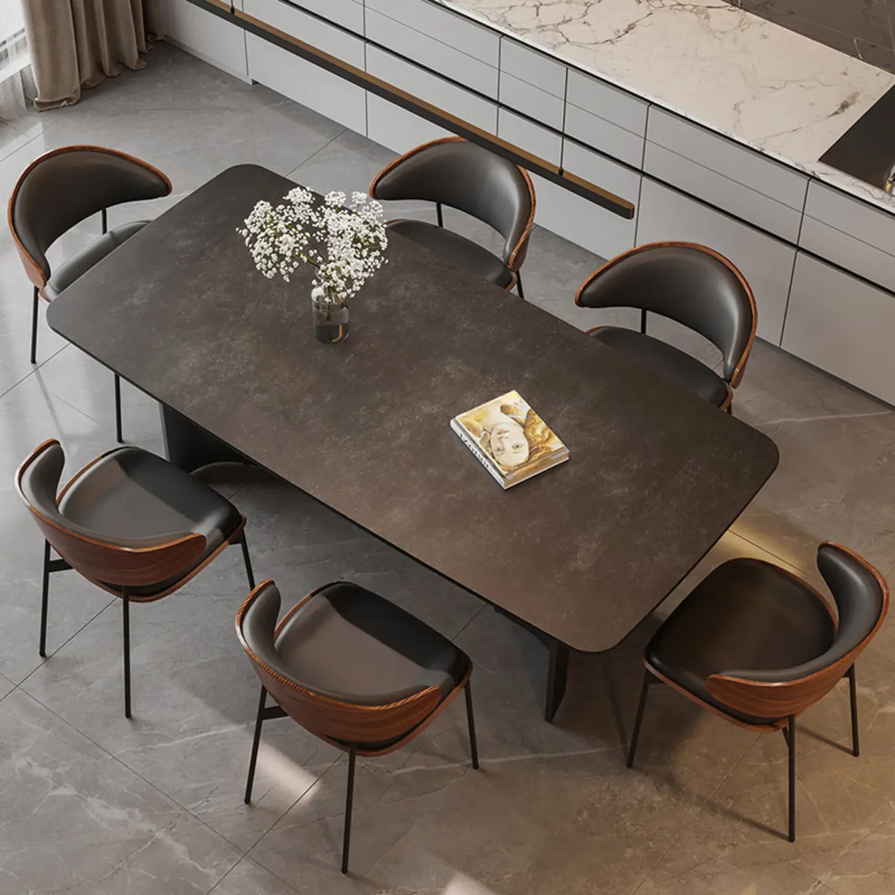 Modern Black Slate Dining Room Set for 8, Industrial Design Image - 1 | homeyfad