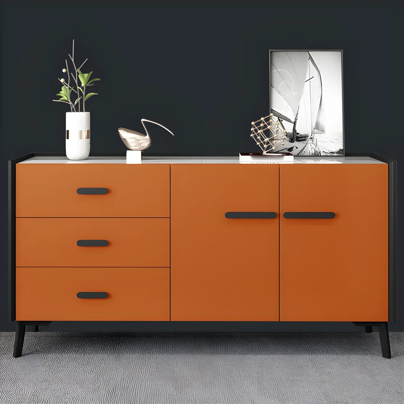 Modern Pine Sideboard with Drawers and Cabinets in Grey/Orange Image - 12 | homeyfad