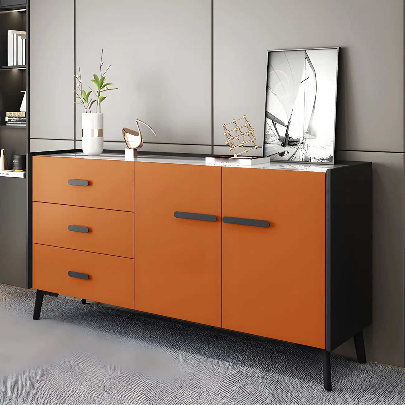 Modern Pine Sideboard with Drawers and Cabinets in Grey/Orange Image - 13 | homeyfad