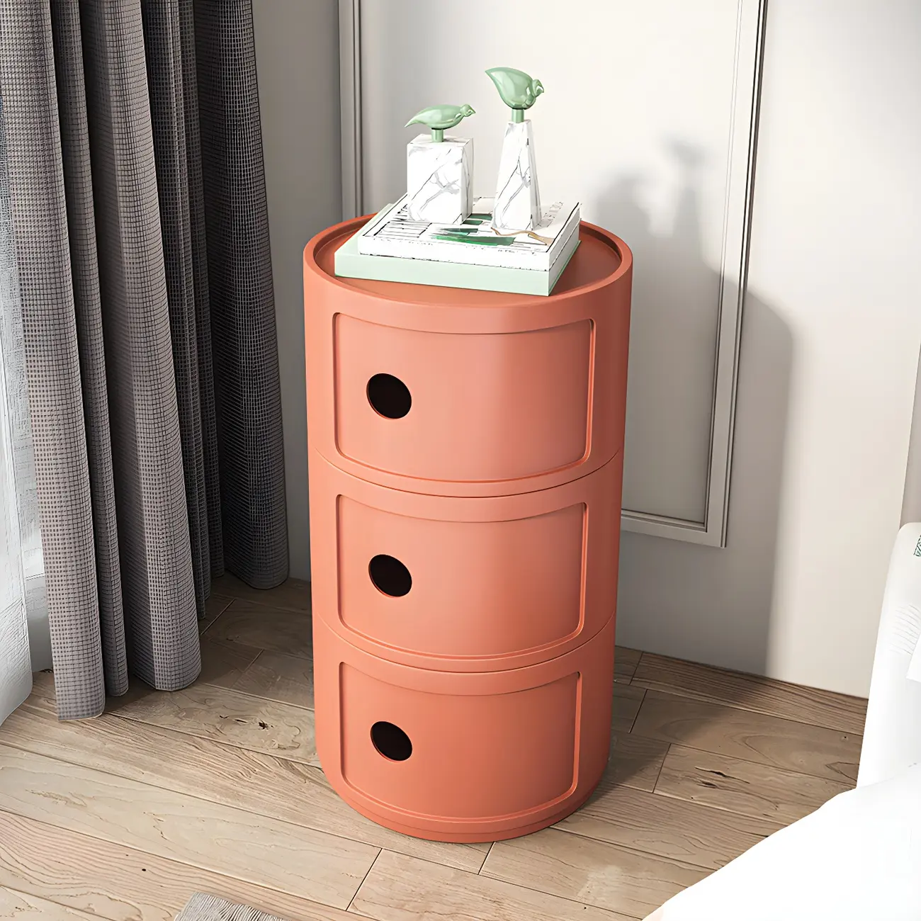 Modern Pink Round Plastic Bedside Table with 3 Cabinets Storage Image - 6 | homeyfad