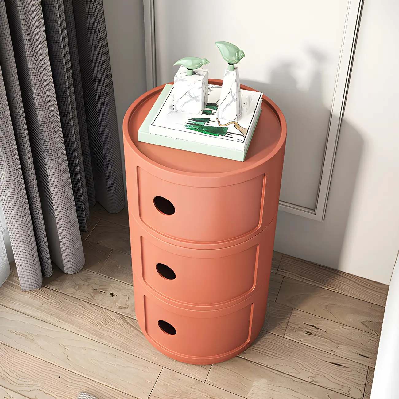 Modern Pink Round Plastic Bedside Table with 3 Cabinets Storage Image - 8 | homeyfad