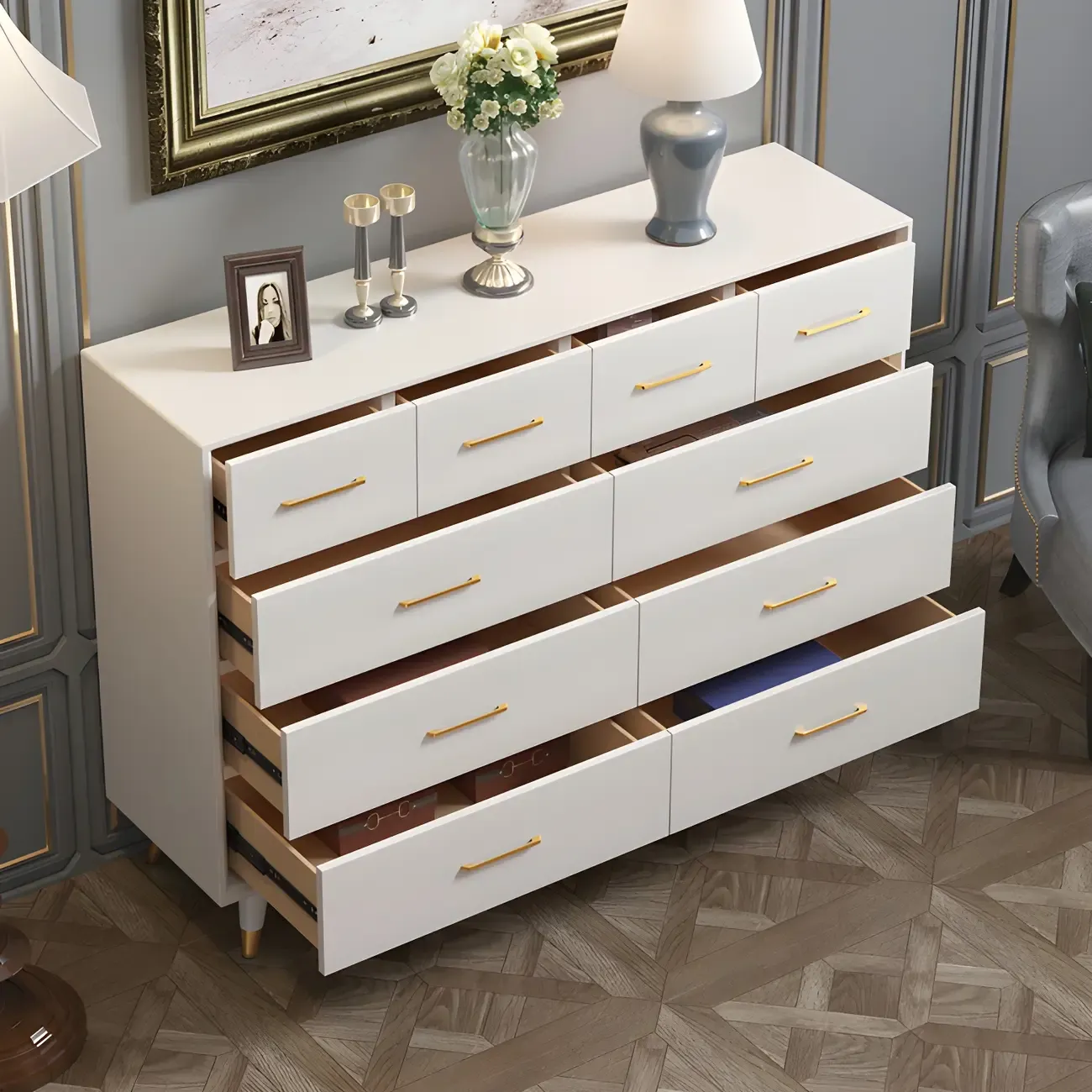 Glam Birch Wood Buffet Table with Multi-Drawers Image - 9