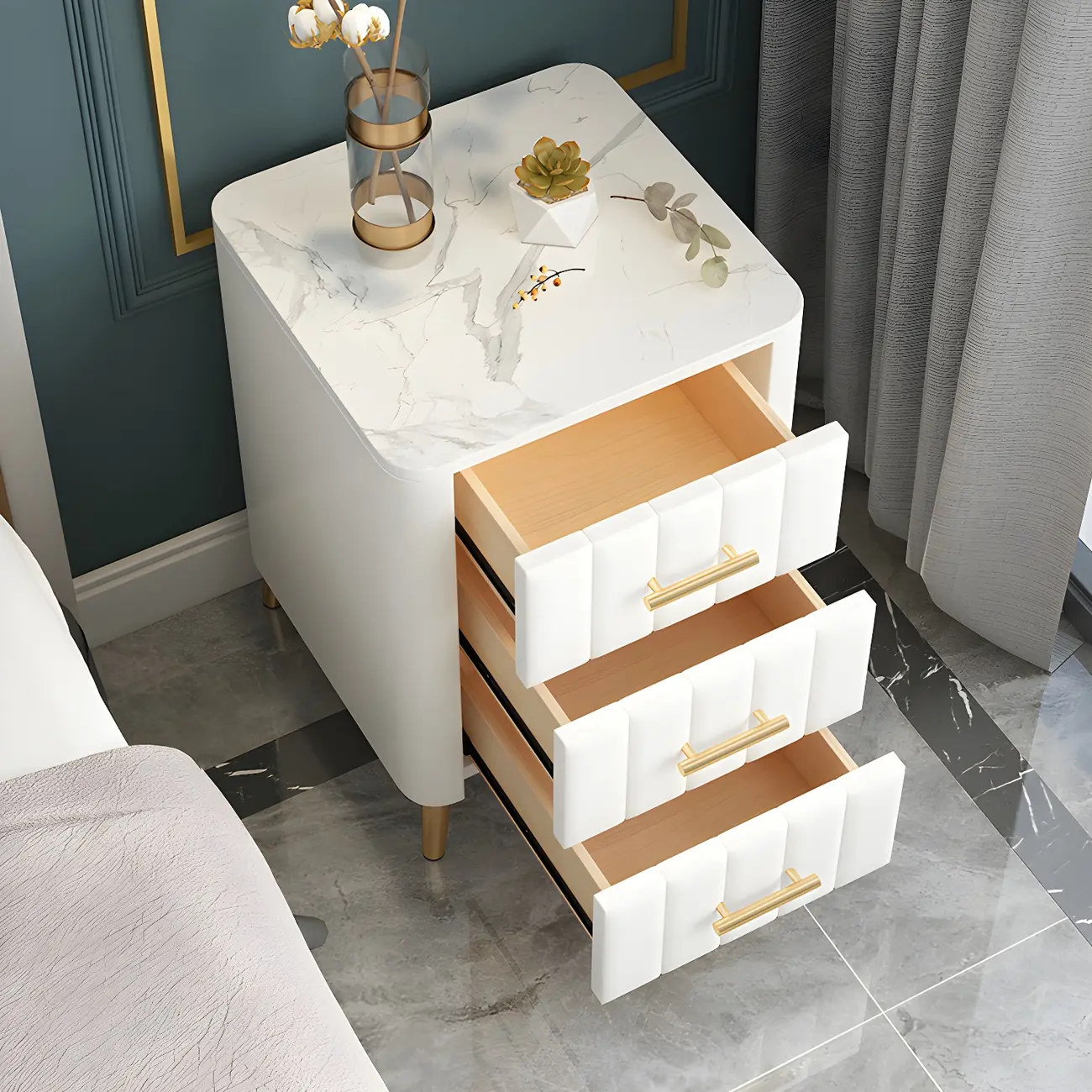 Glam Pink Leather Bedside Table with Marble Top 3 Drawers Image - 4 | homeyfad