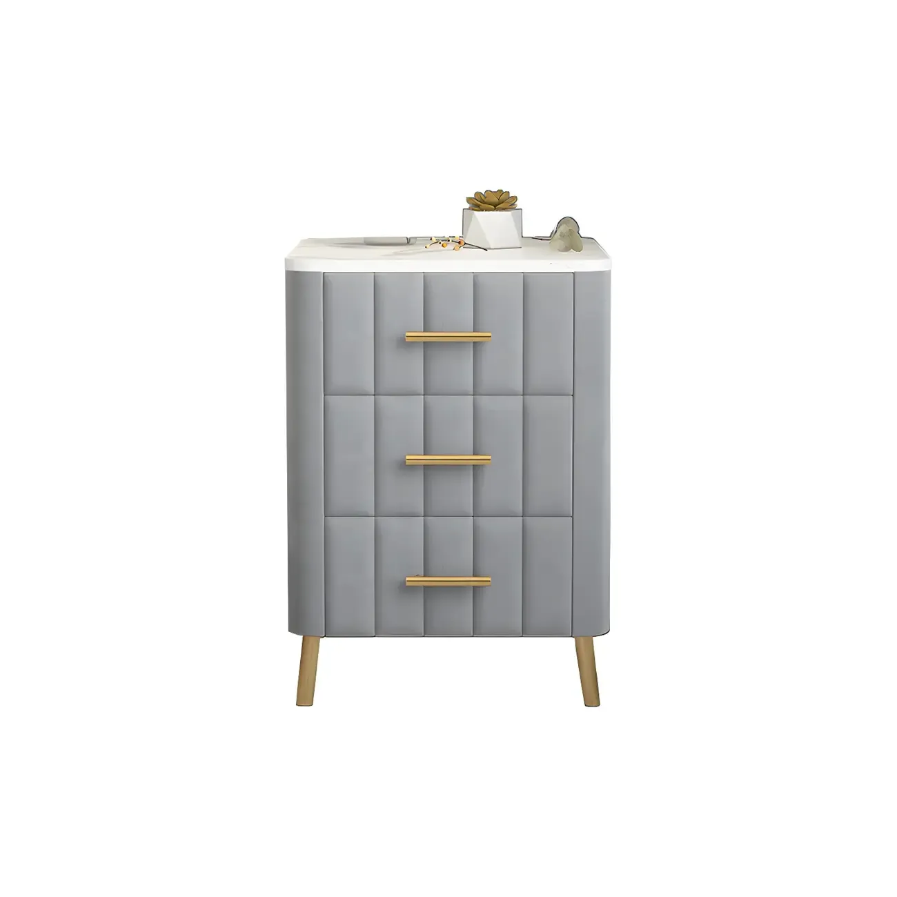 Glam Pink Leather Bedside Table with Marble Top 3 Drawers Image - 9