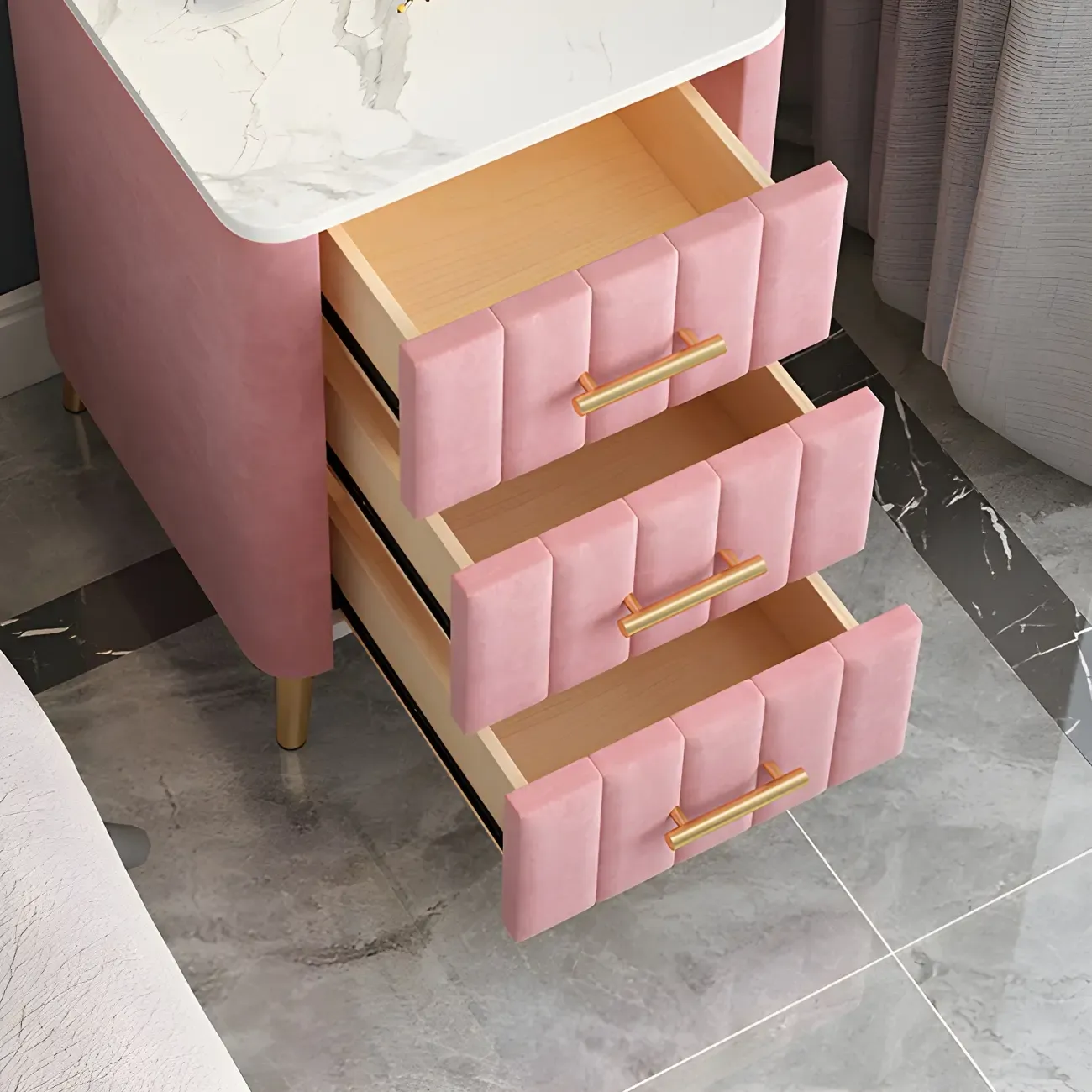 Glam Pink Leather Bedside Table with Marble Top 3 Drawers Image - 12