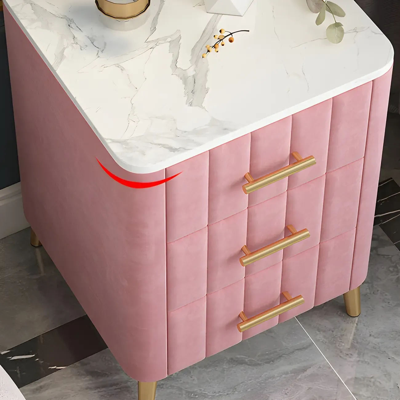 Glam Pink Leather Bedside Table with Marble Top 3 Drawers Image - 13