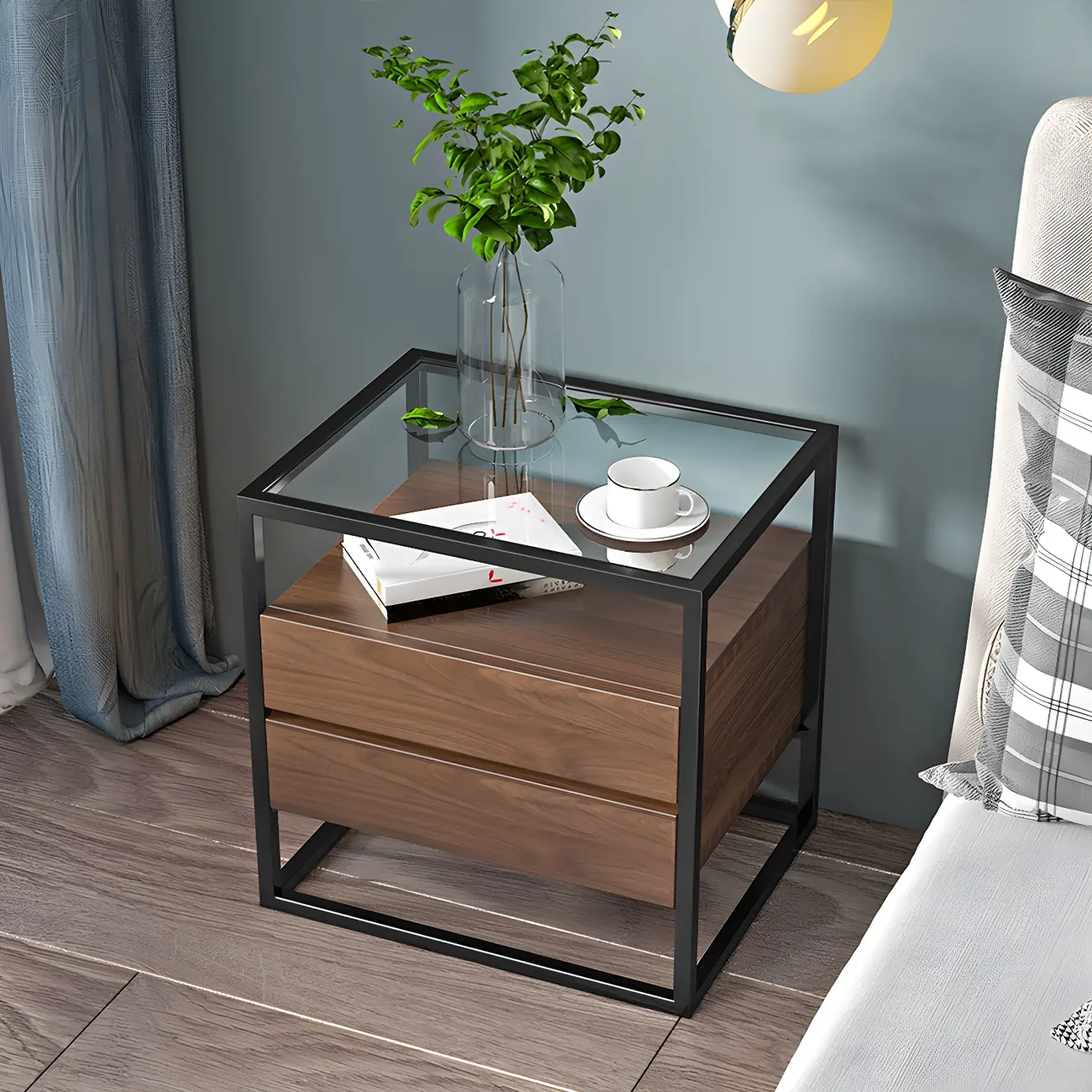 Modern Wood Bedside Table with Glass Top Drawers Storage Image - 1 | homeyfad