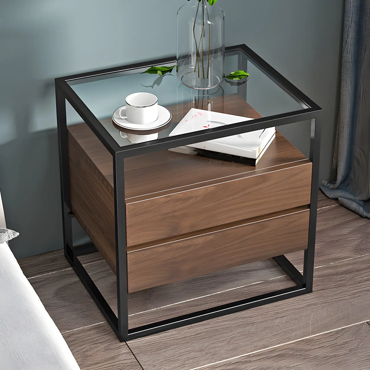 Modern Wood Bedside Table with Glass Top Drawers Storage Image - 2 | homeyfad