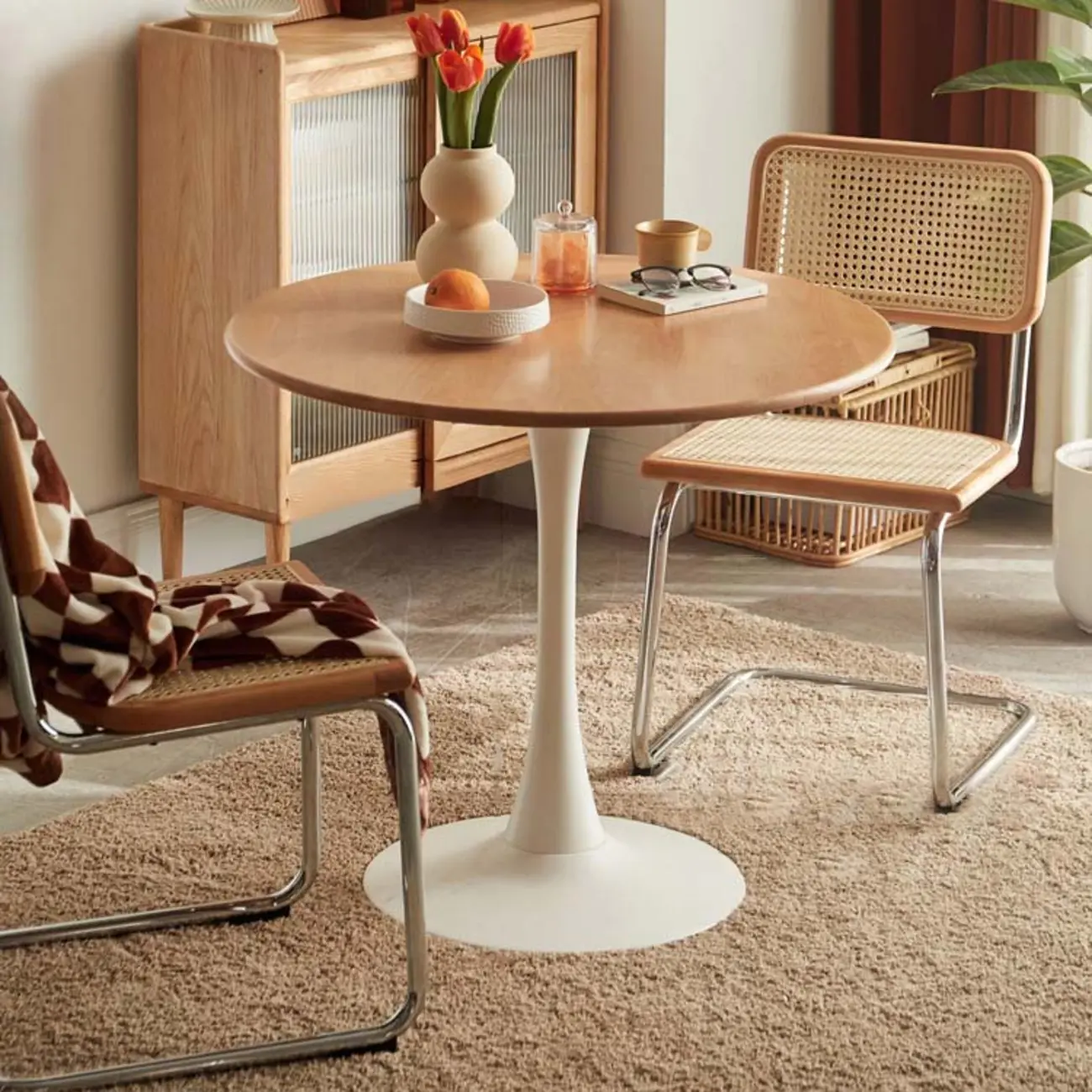 Modern Wood & Rattan Dining Set for 2 - Natural Finish Image - 1 | homeyfad