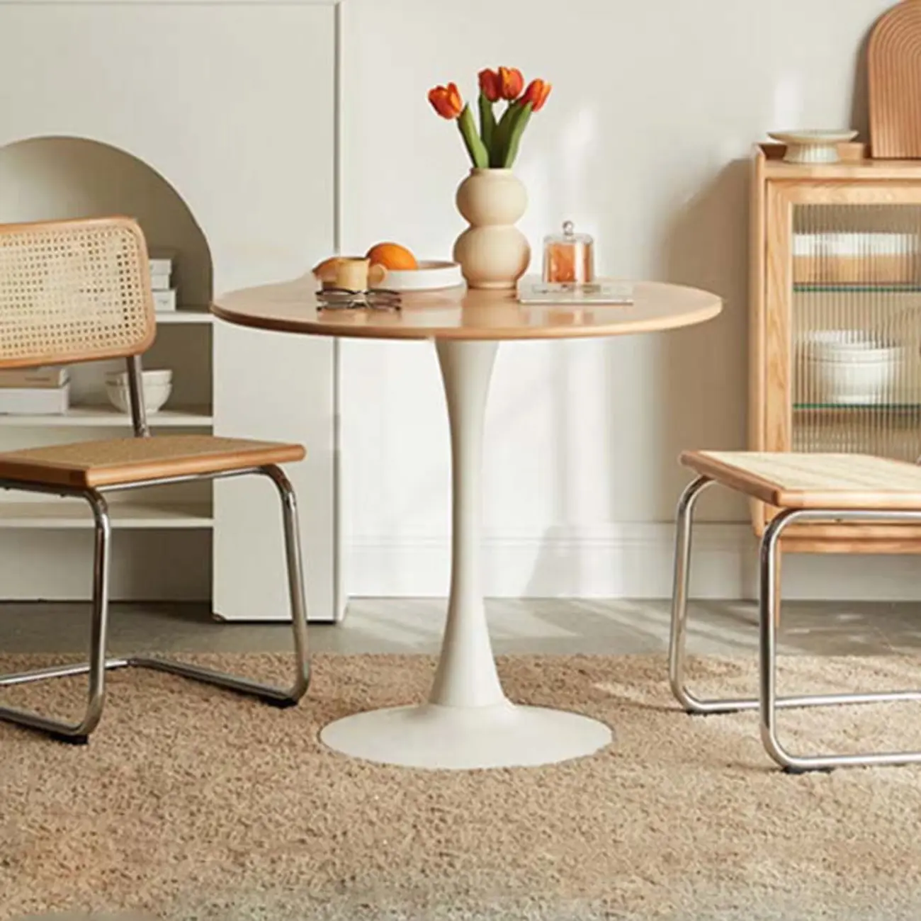 Modern Wood & Rattan Dining Set for 2 - Natural Finish Image - 2 | homeyfad