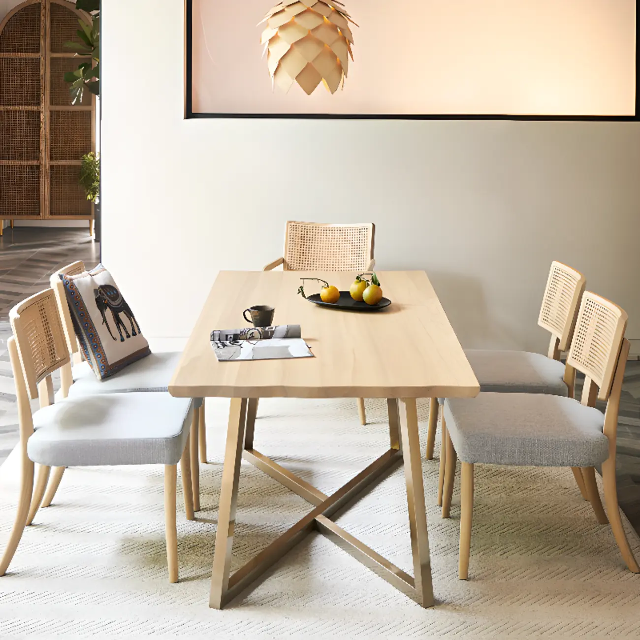 Luxurious Ash Wood Dining Table Set with Trestle Base Image - 2 | homeyfad
