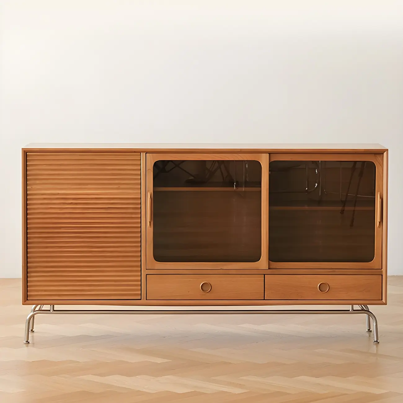 Modern Brown Pine Wood Sideboard with Glass Doors Image - 3 | homeyfad