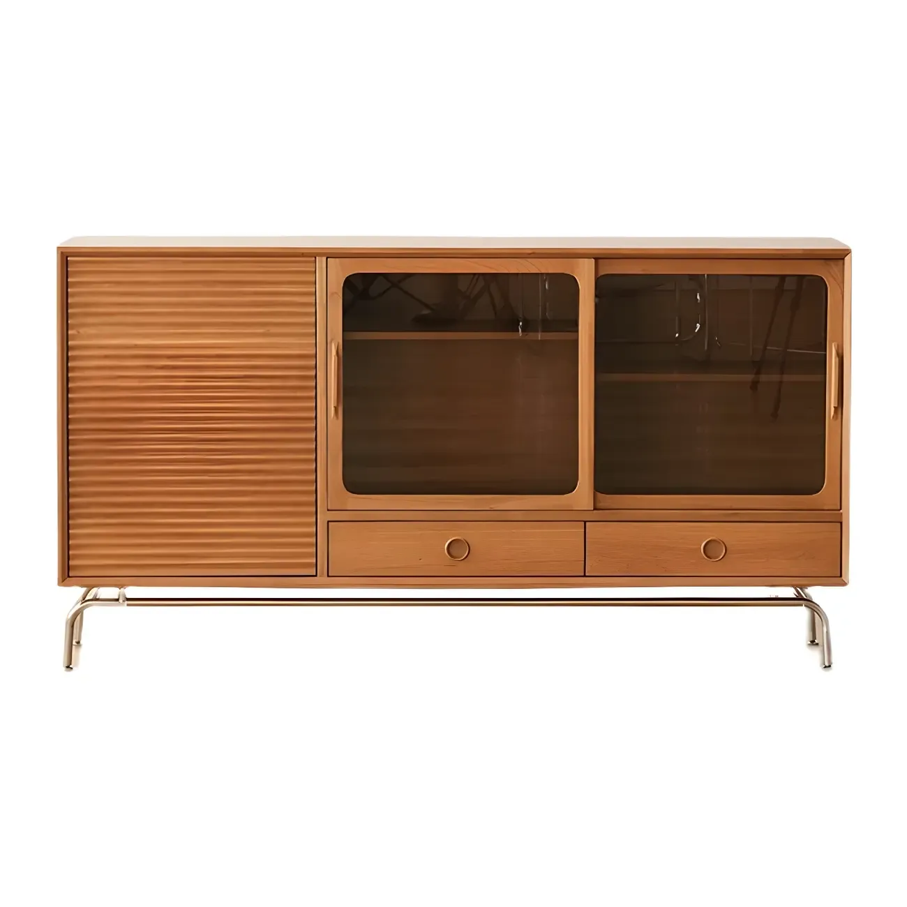Modern Brown Pine Wood Sideboard with Glass Doors Image - 5