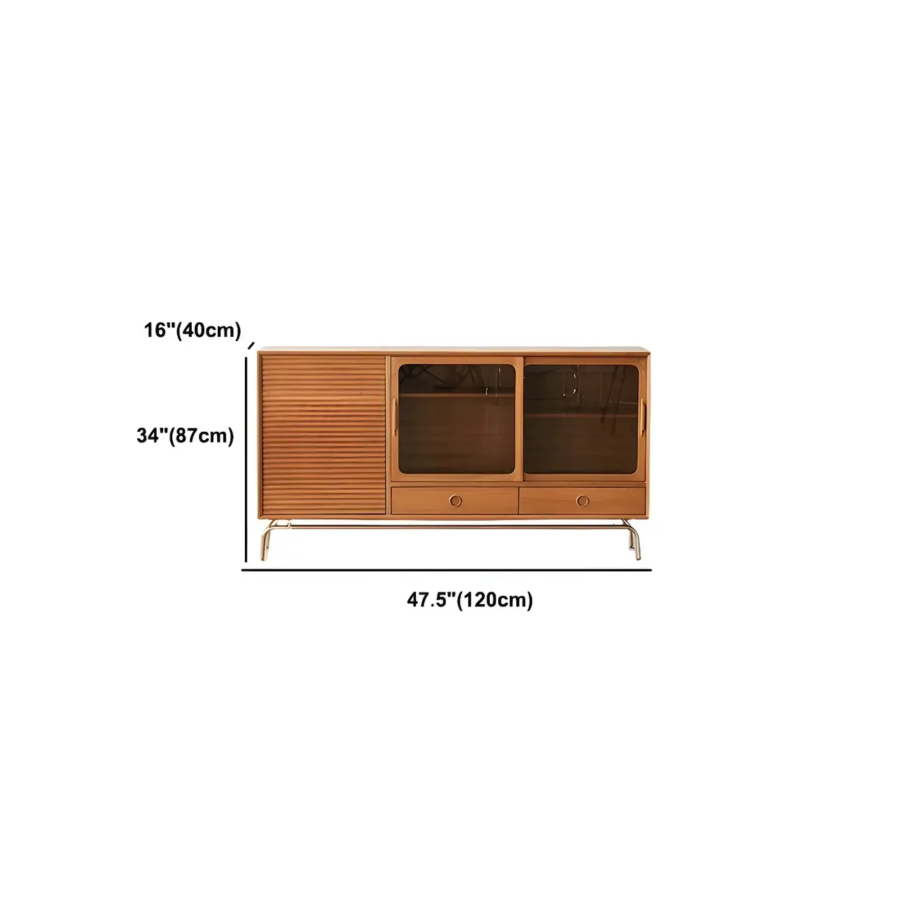 Modern Brown Pine Wood Sideboard with Glass Doors #size