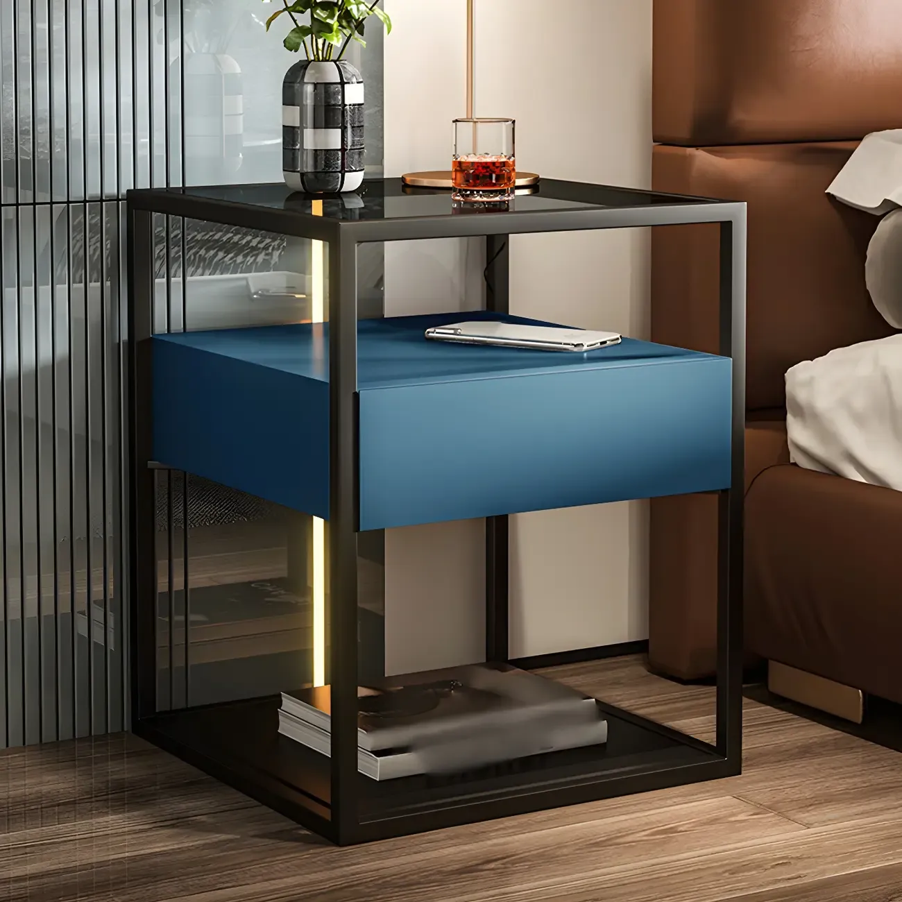 Modern Blue Nightstand with Glass Top and Drawer Storage Image - 1