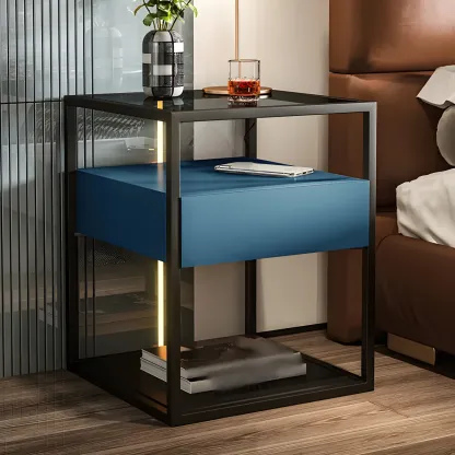 Modern Blue Nightstand with Glass Top and Drawer Storage Image - 1