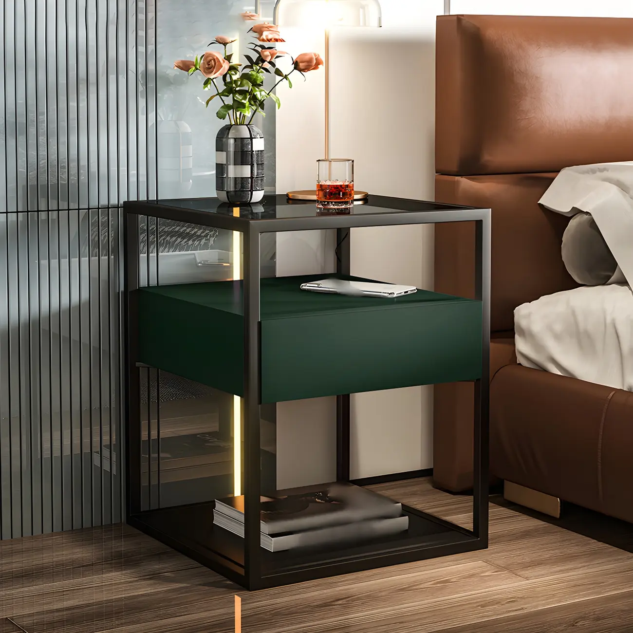 Modern Blue Nightstand with Glass Top and Drawer Storage Image - 2 | homeyfad