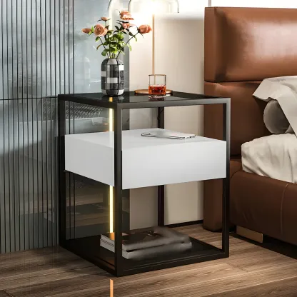Modern Blue Nightstand with Glass Top and Drawer Storage Image - 3