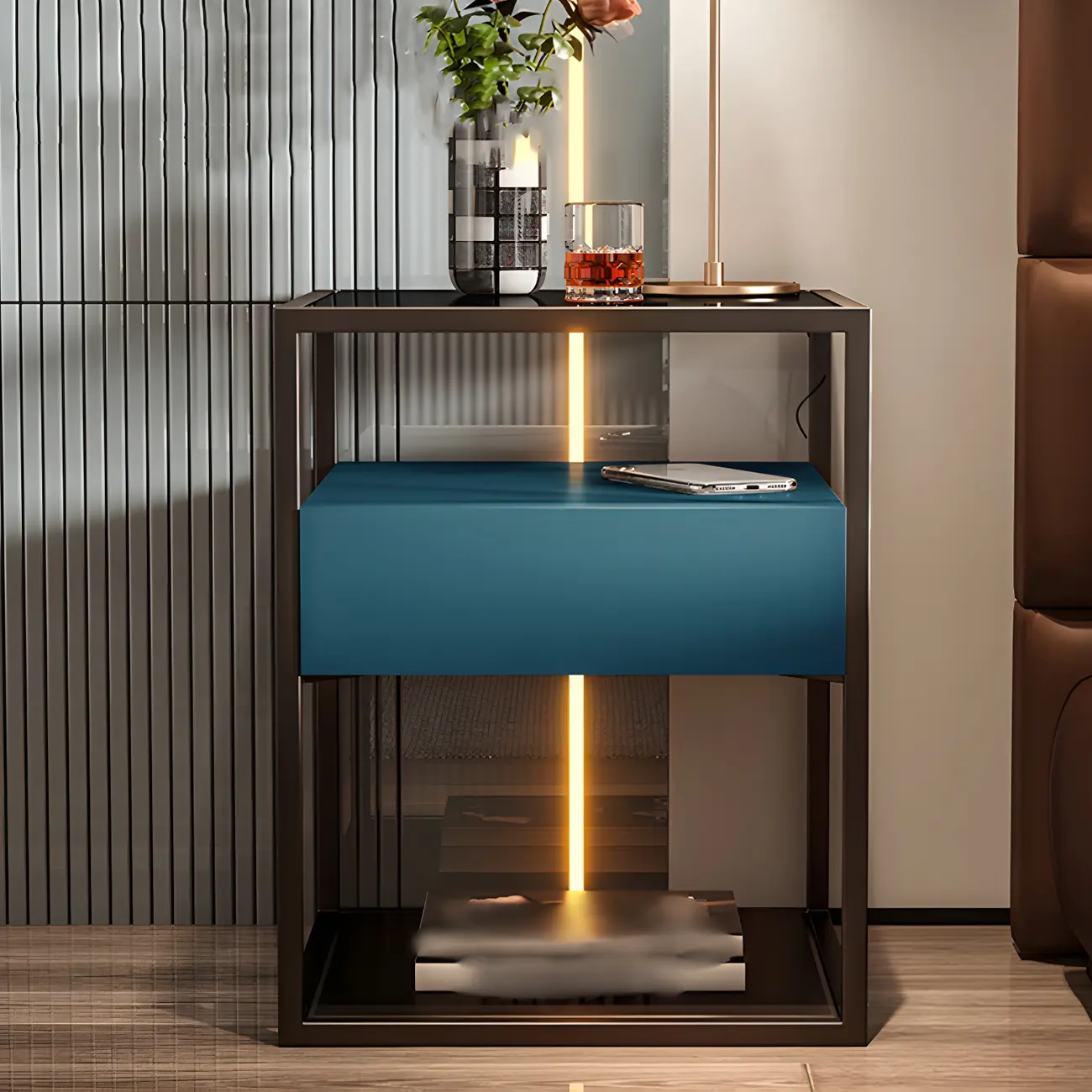Modern Blue Nightstand with Glass Top and Drawer Storage Image - 4 | homeyfad