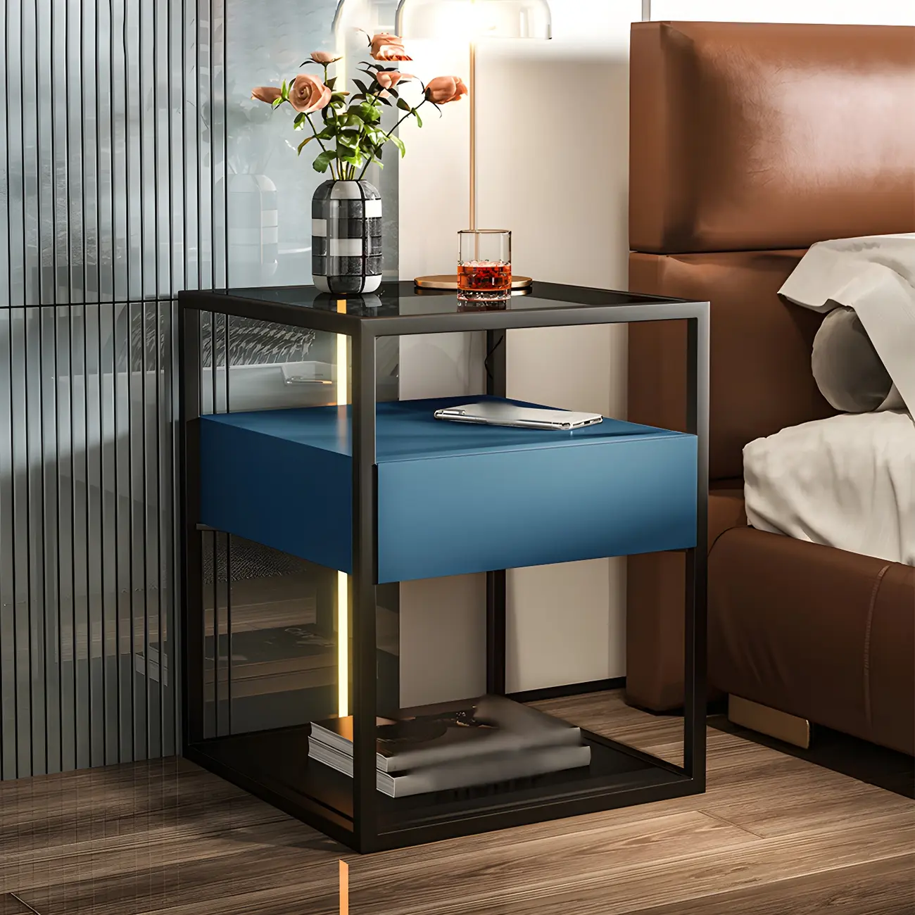 Modern Blue Nightstand with Glass Top and Drawer Storage Image - 5 | homeyfad