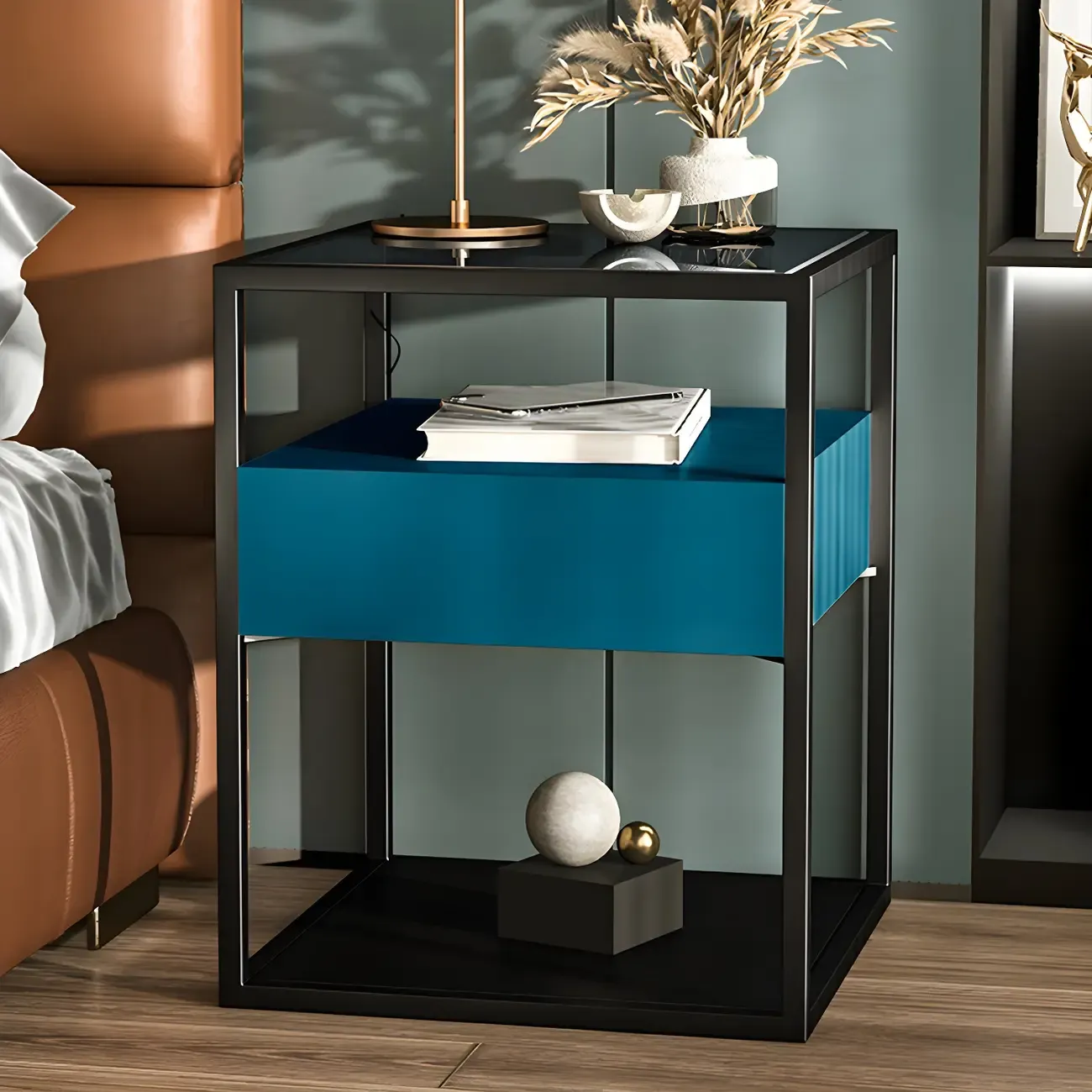 Modern Blue Nightstand with Glass Top and Drawer Storage Image - 6
