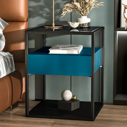 Modern Blue Nightstand with Glass Top and Drawer Storage Image - 6